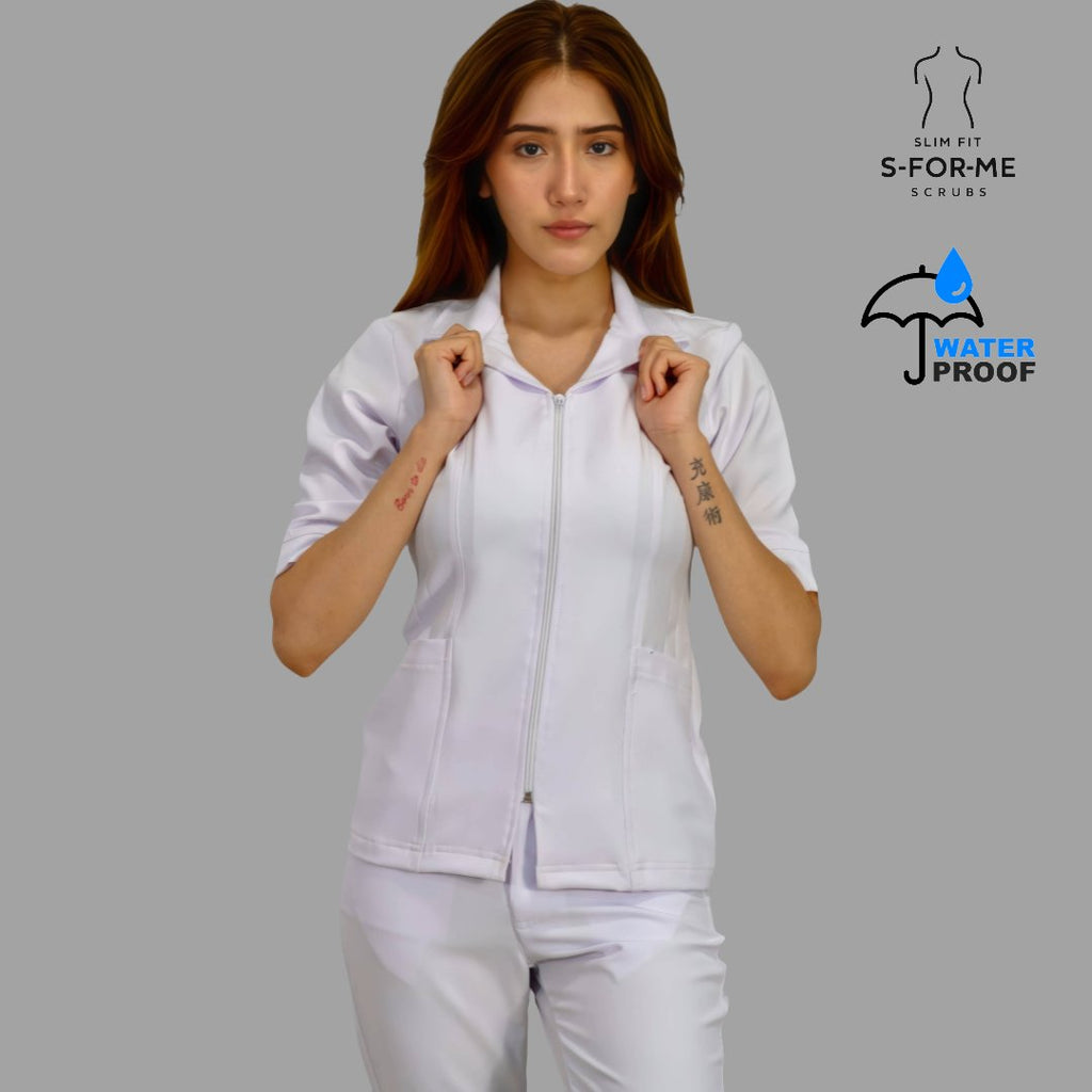 Filipina médica blanca Alviero stretch para mujer con cuello sport y cierre frontal