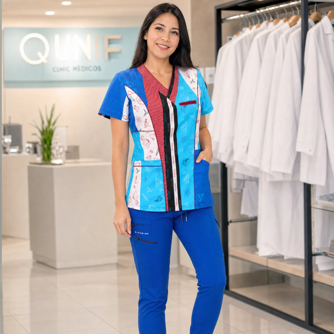 Detalle de filipina estampada azul para enfermera y doctora