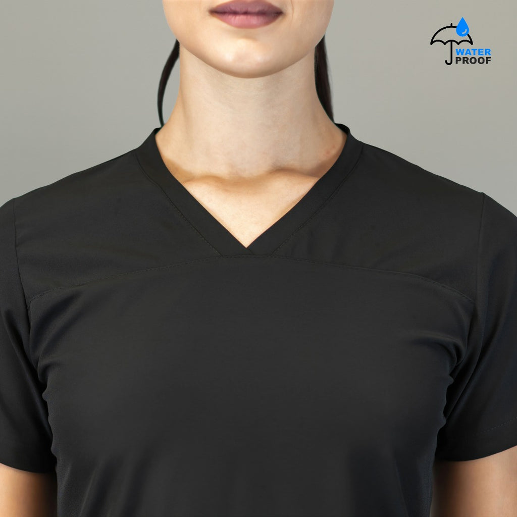 Detalle de cuello en V de filipina quirúrgica negra mujer 515