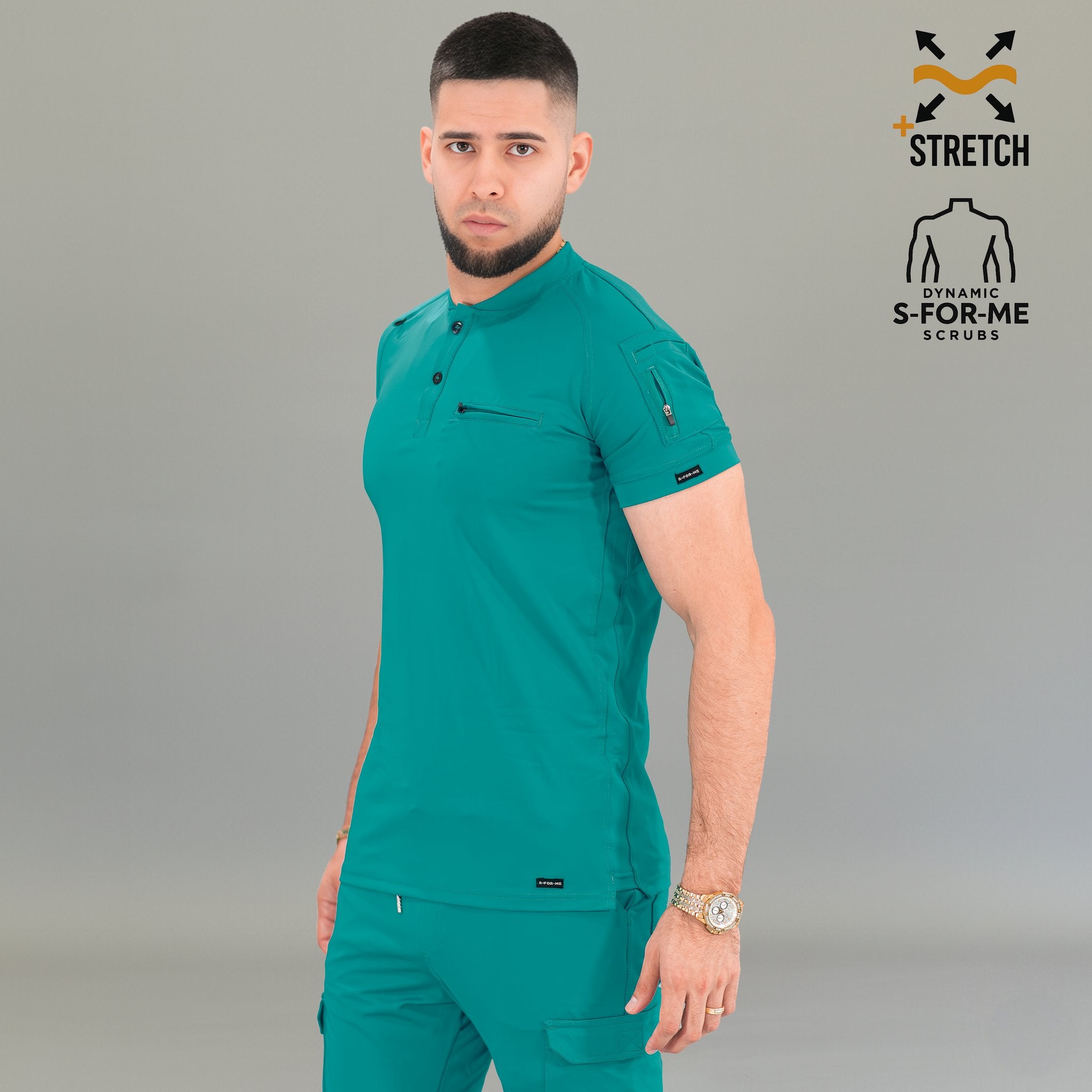 Filipina quirúrgica verde teal hombre 901 — vista lateral mostrando corte slim fit