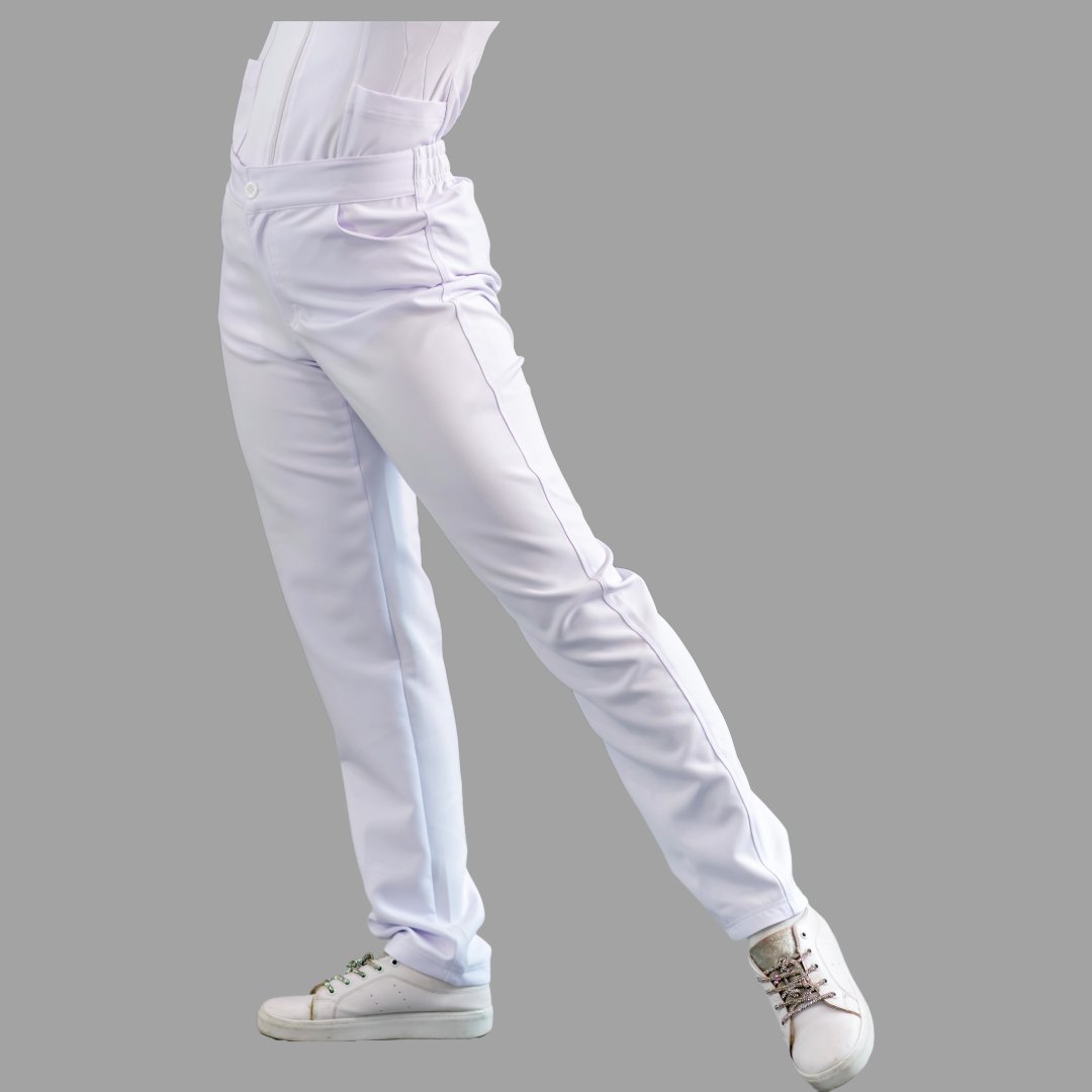 Pantalón clínico blanco stretch antifluido mujer con ajuste flexible