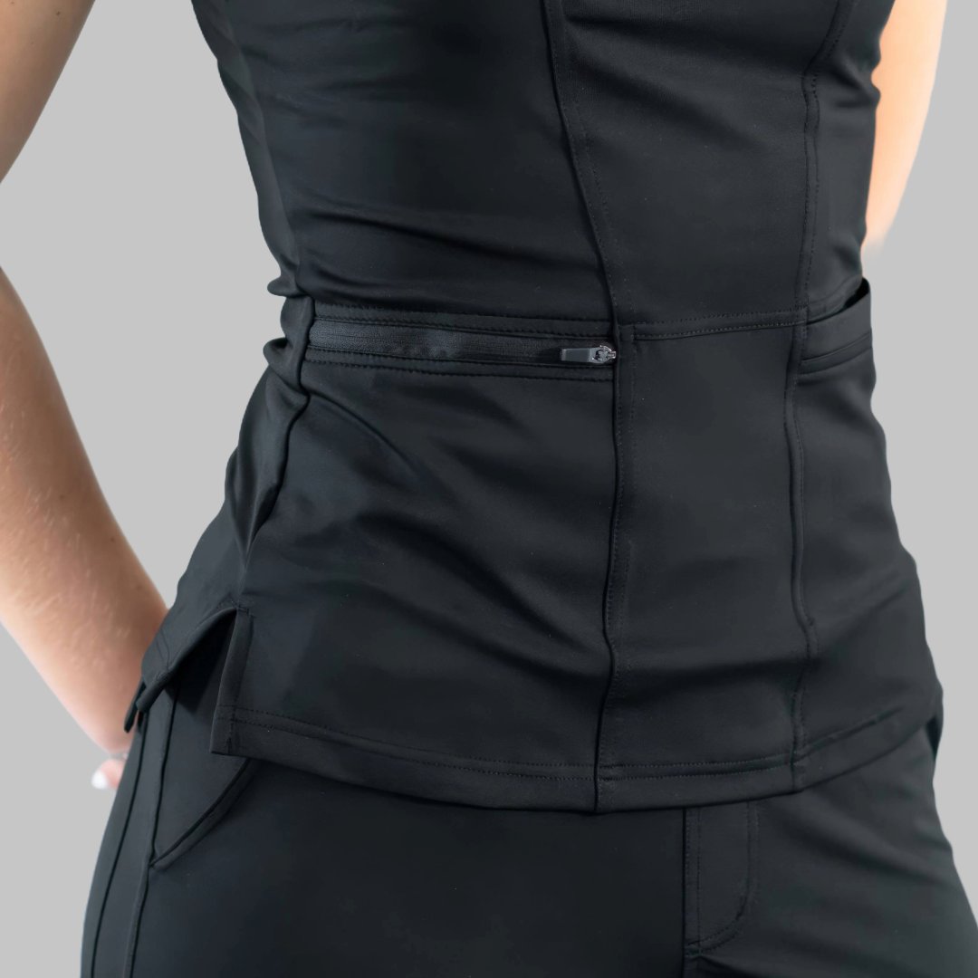 Detalle cuello redondo filipina quirúrgica negra mujer Estilo 901 super stretch