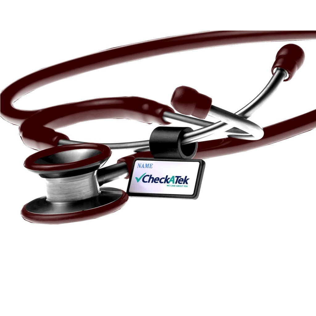 Burgundy cardiology stethoscope close-up showing dual stainless steel chestpiece and name tag