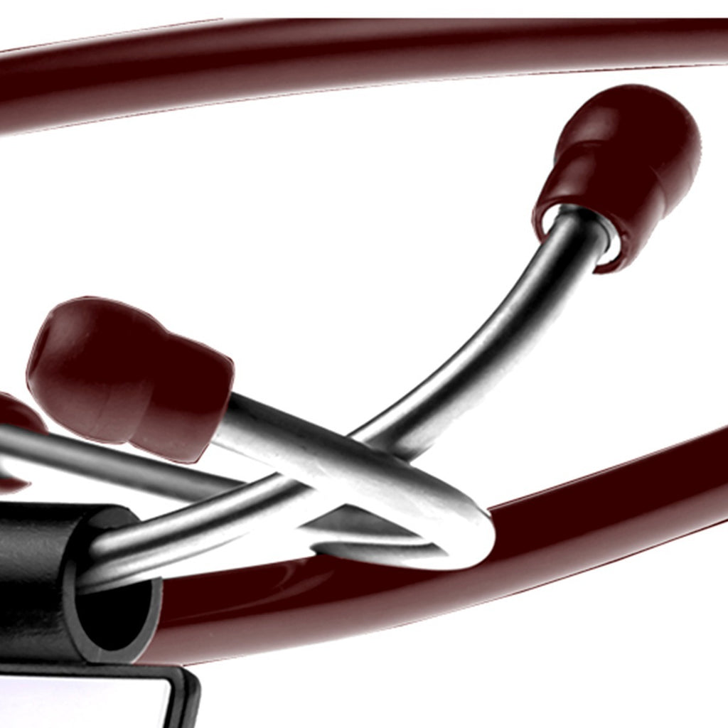 Burgundy E 800 stethoscope close-up of soft threaded ear tips and metal binaural headset